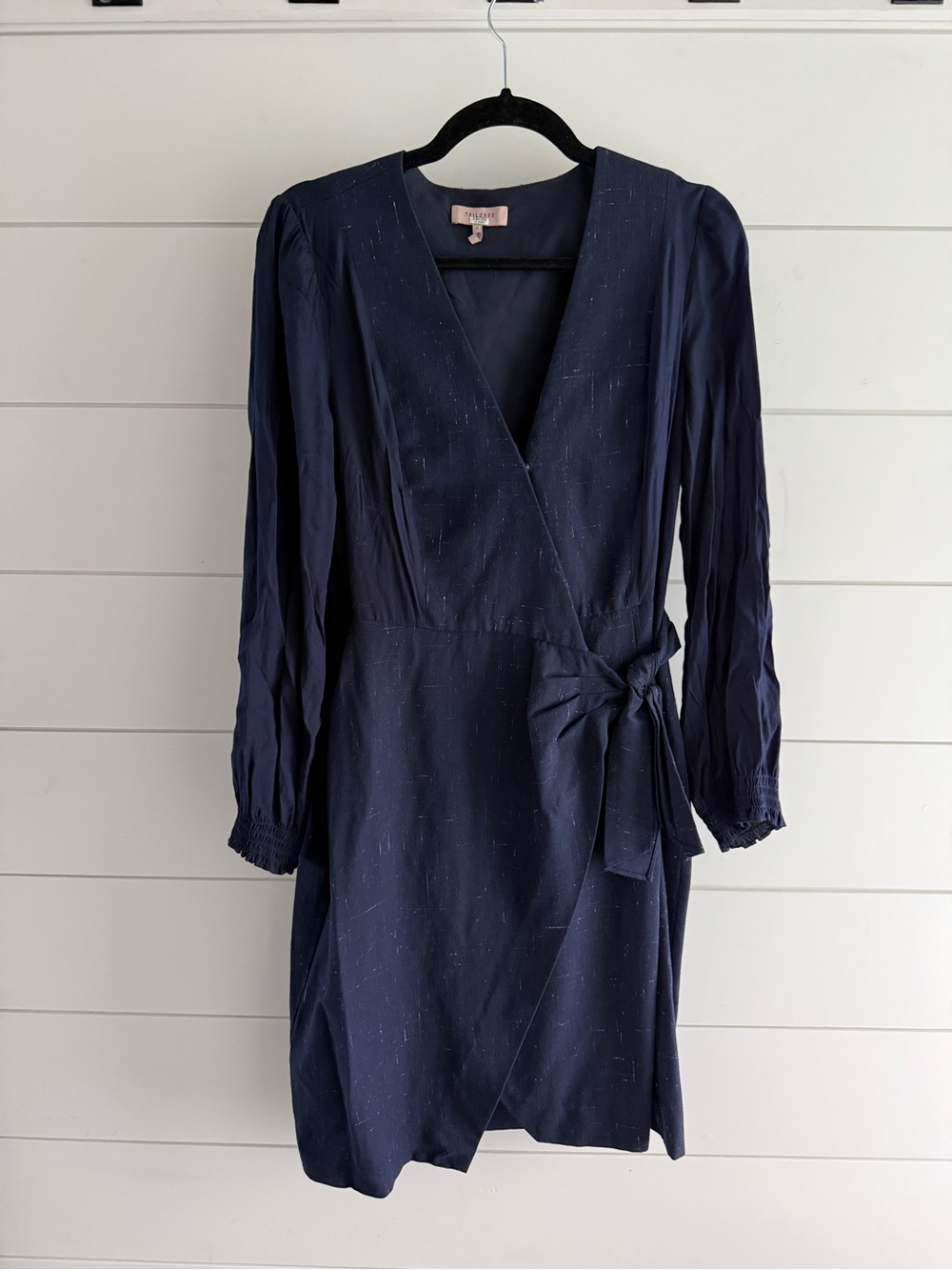 Tailored Women’s Navy Long-Sleeve Wrap Dress with Side Tie, Size 8